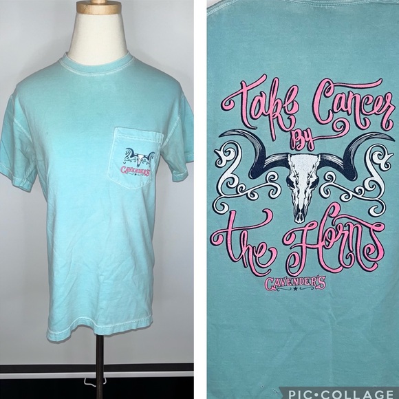 CAVENDERS // COMFORT COLORS Mint Blue Green Graphic Tee T-Shirt Small Cancer - Picture 1 of 16